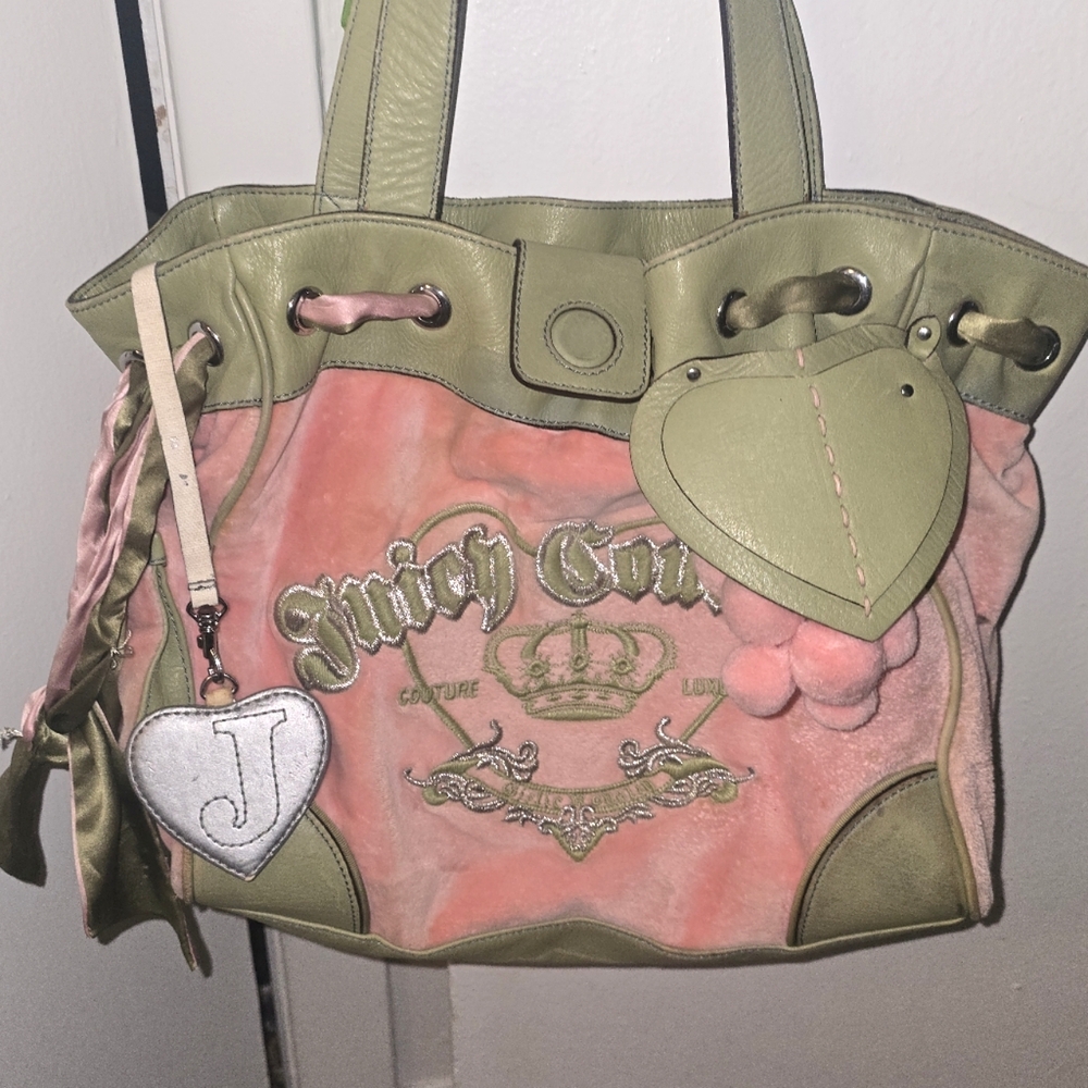 Vintage Juicy Couture Pink and Green Purse with Metallic Hardware